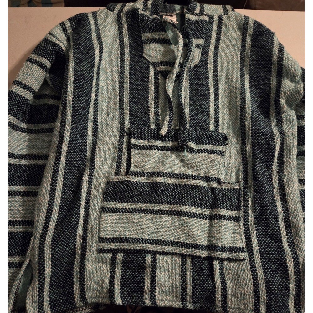 Vintage San Jose Baja Hoodie Pullover Surf Jerk Sweater Mint Teal Striped Large